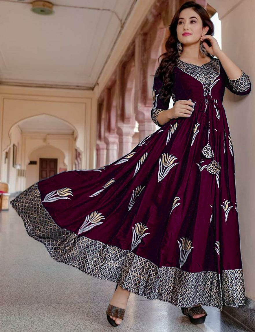 Rayon Long Gown with Gold Print