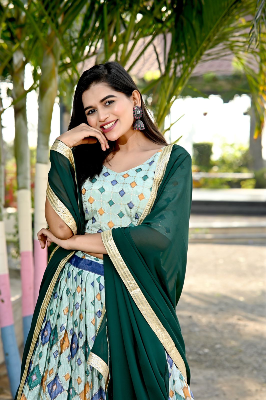 Wedding Wear Printed Pista Green Color Lehenga Choli