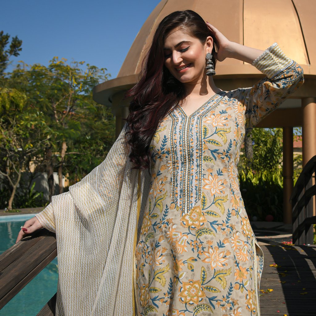 Cotton 3-Piece Suit Set with Printed Kurti, Pant, and Dupatta