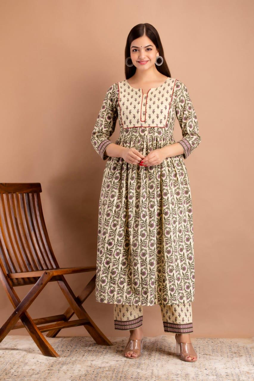 Hand Block Print Cotton Kurta Pant Set with Dupatta