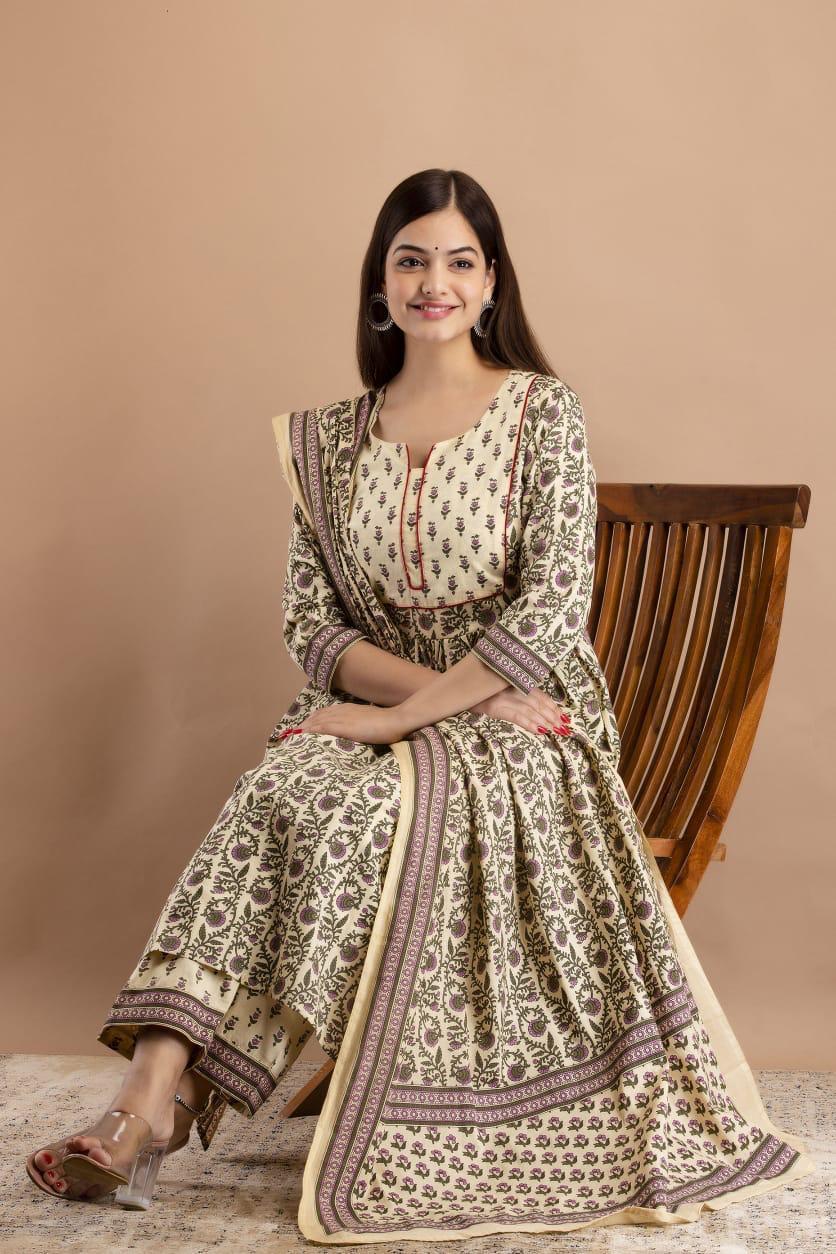 Hand Block Print Cotton Kurta Pant Set with Dupatta