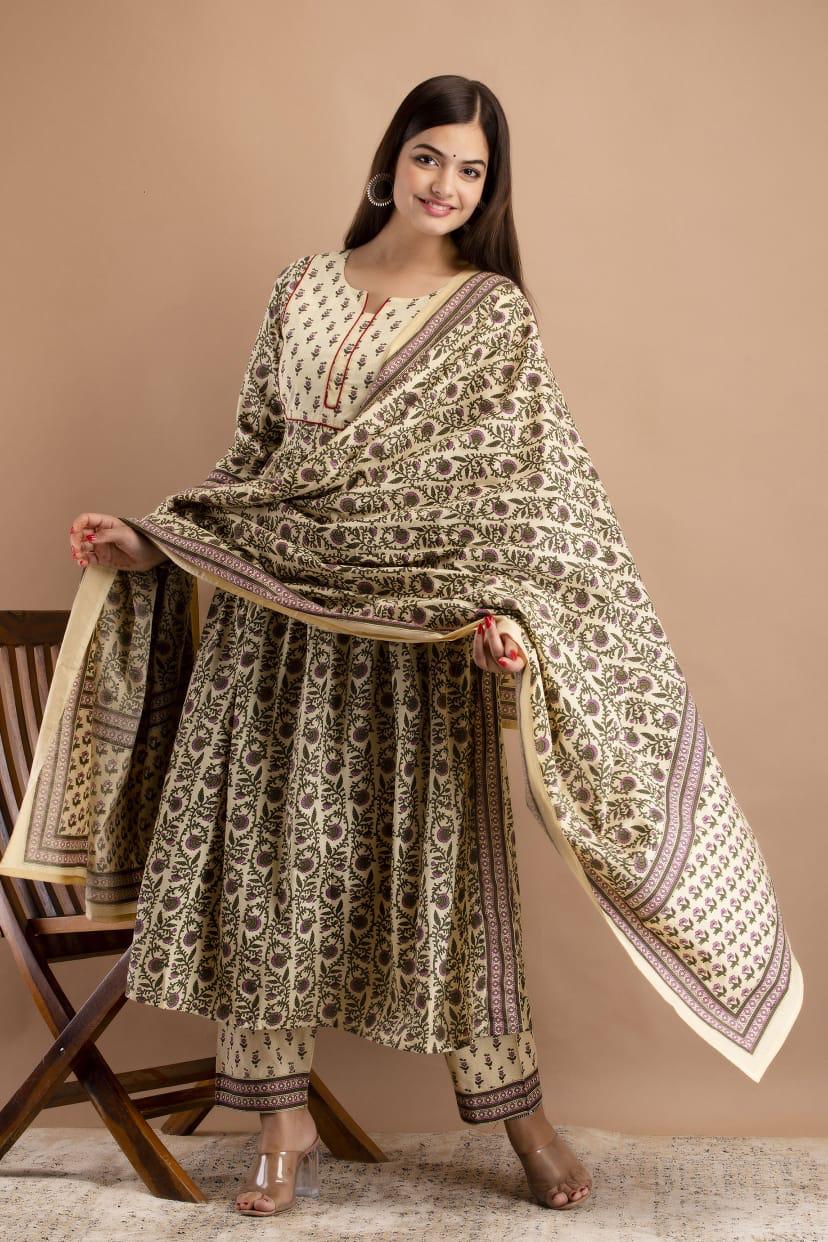 Hand Block Print Cotton Kurta Pant Set with Dupatta