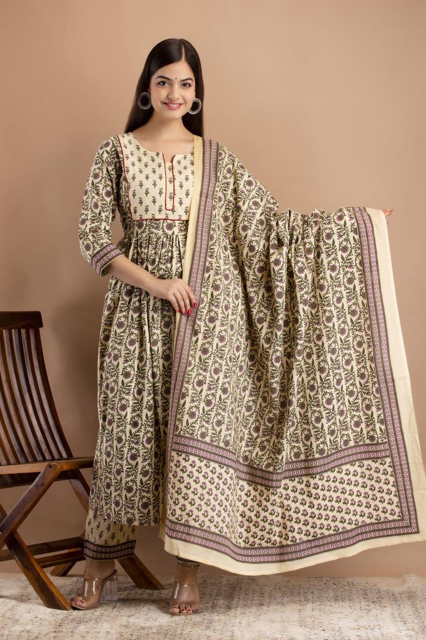 Hand Block Print Cotton Kurta Pant Set with Dupatta