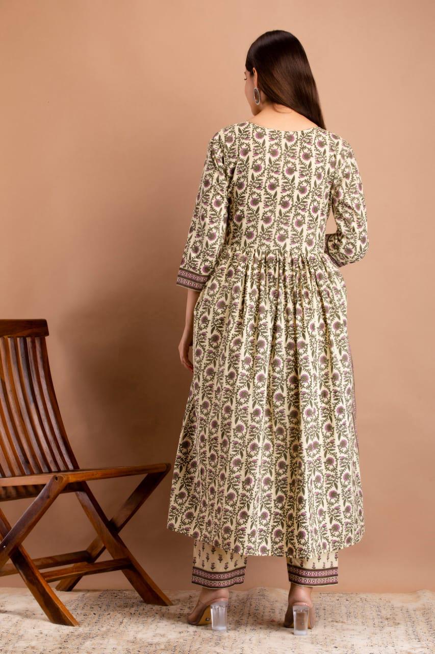 Hand Block Print Cotton Kurta Pant Set with Dupatta