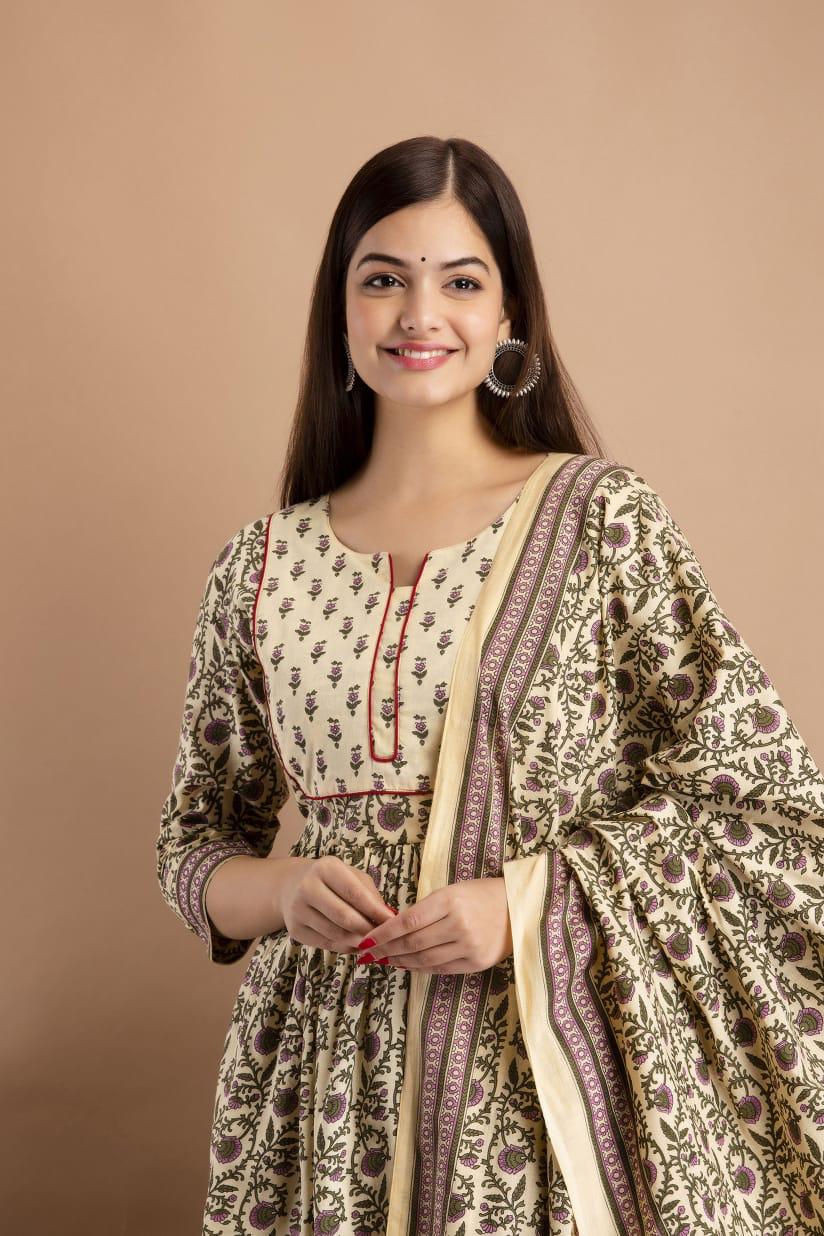 Hand Block Print Cotton Kurta Pant Set with Dupatta