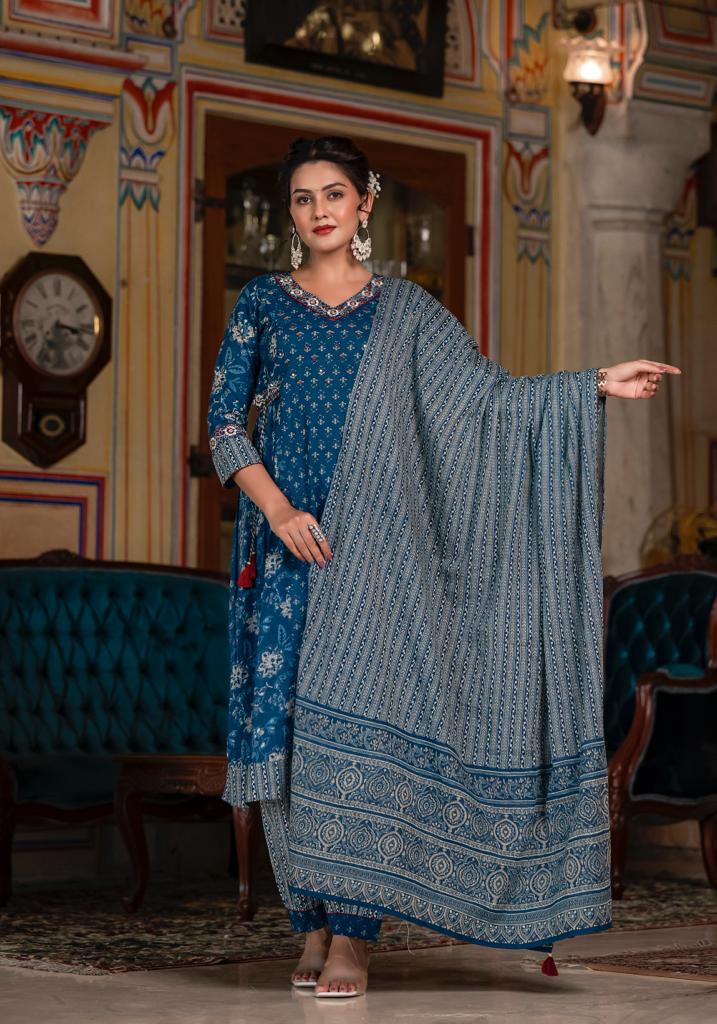 Navy Blue Floral Afghani Suit Set with Embroidery and Tassels