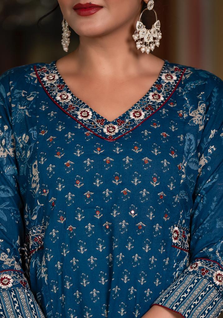 Navy Blue Floral Afghani Suit Set with Embroidery and Tassels