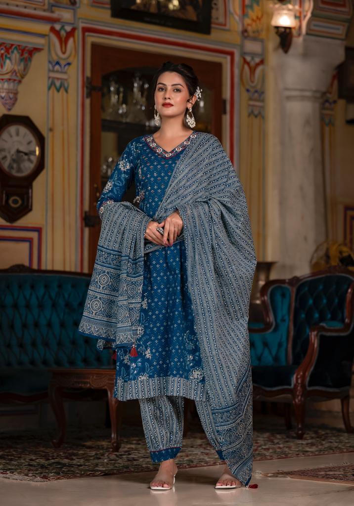 Navy Blue Floral Afghani Suit Set with Embroidery and Tassels