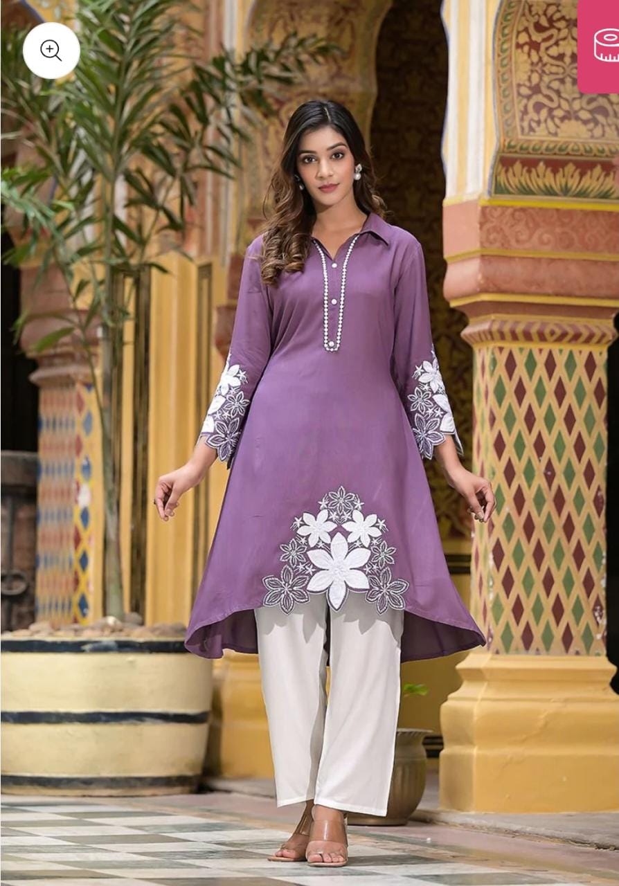 Rayon Cord Set with Hand Embroidery and Lace Detailing