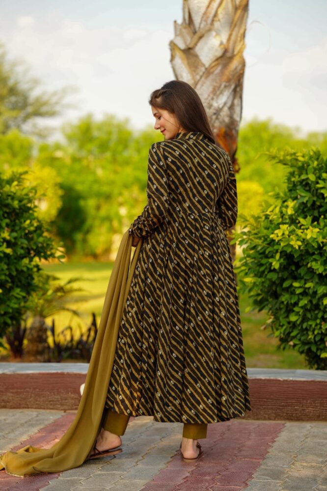 Cotton Lahariya Angrakha Anarkali Suit with Chudi Sleeves