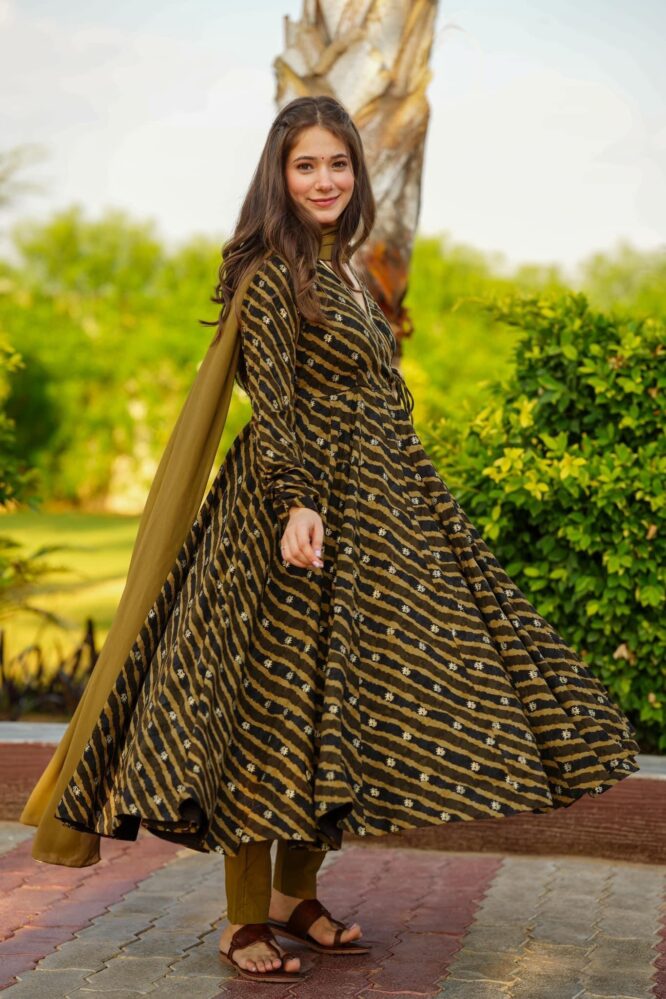 Cotton Lahariya Angrakha Anarkali Suit with Chudi Sleeves