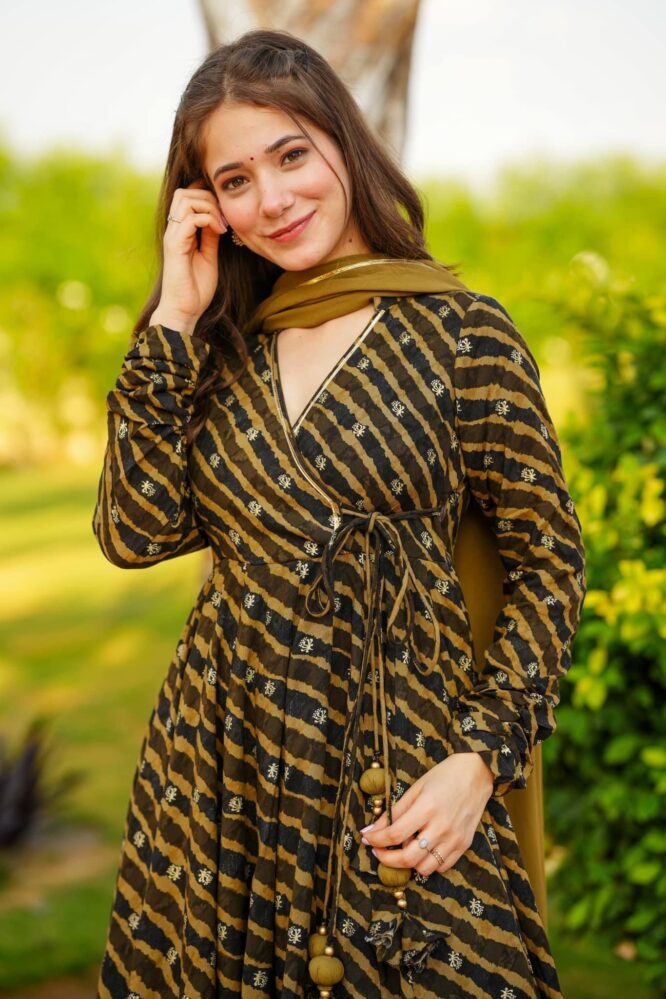 Cotton Lahariya Angrakha Anarkali Suit with Chudi Sleeves
