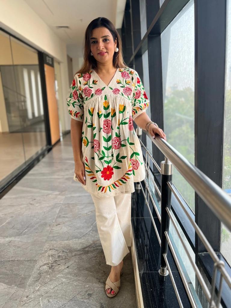 Embroidered Cotton Bell-Bottom Pant Coord Set