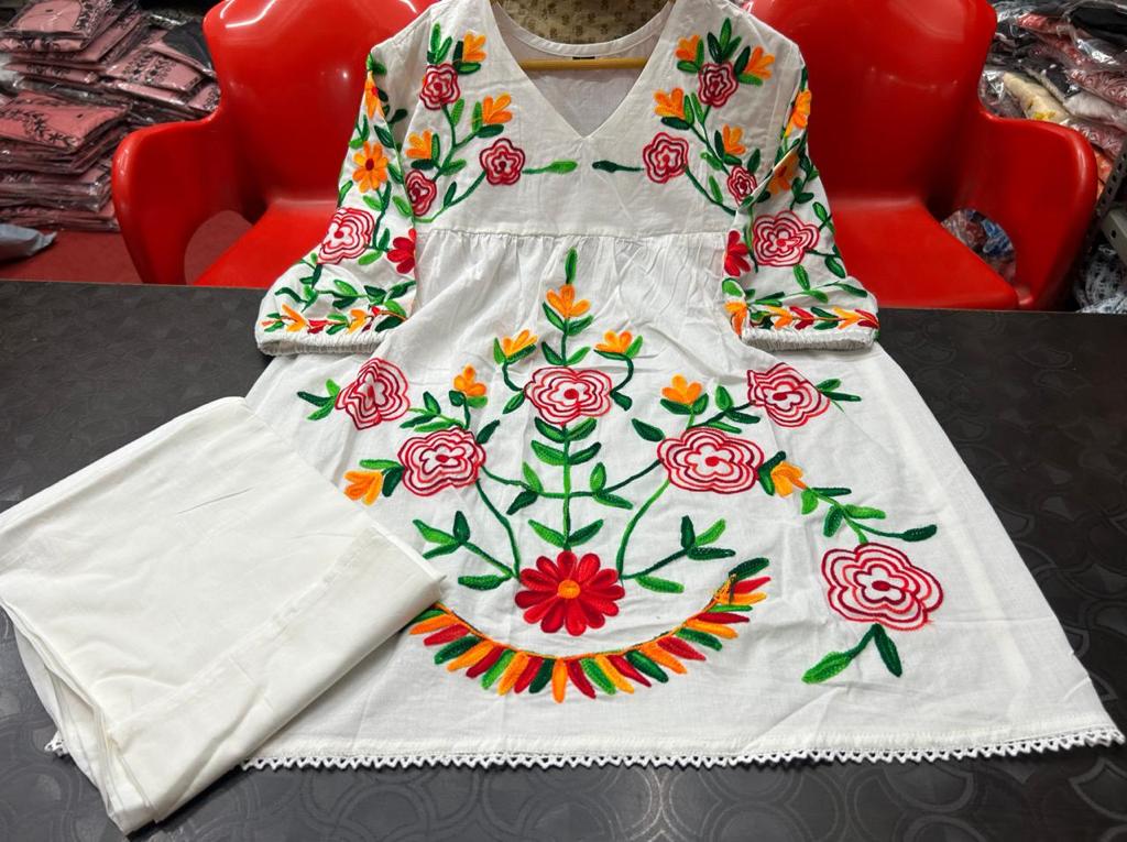 Embroidered Cotton Bell-Bottom Pant Coord Set