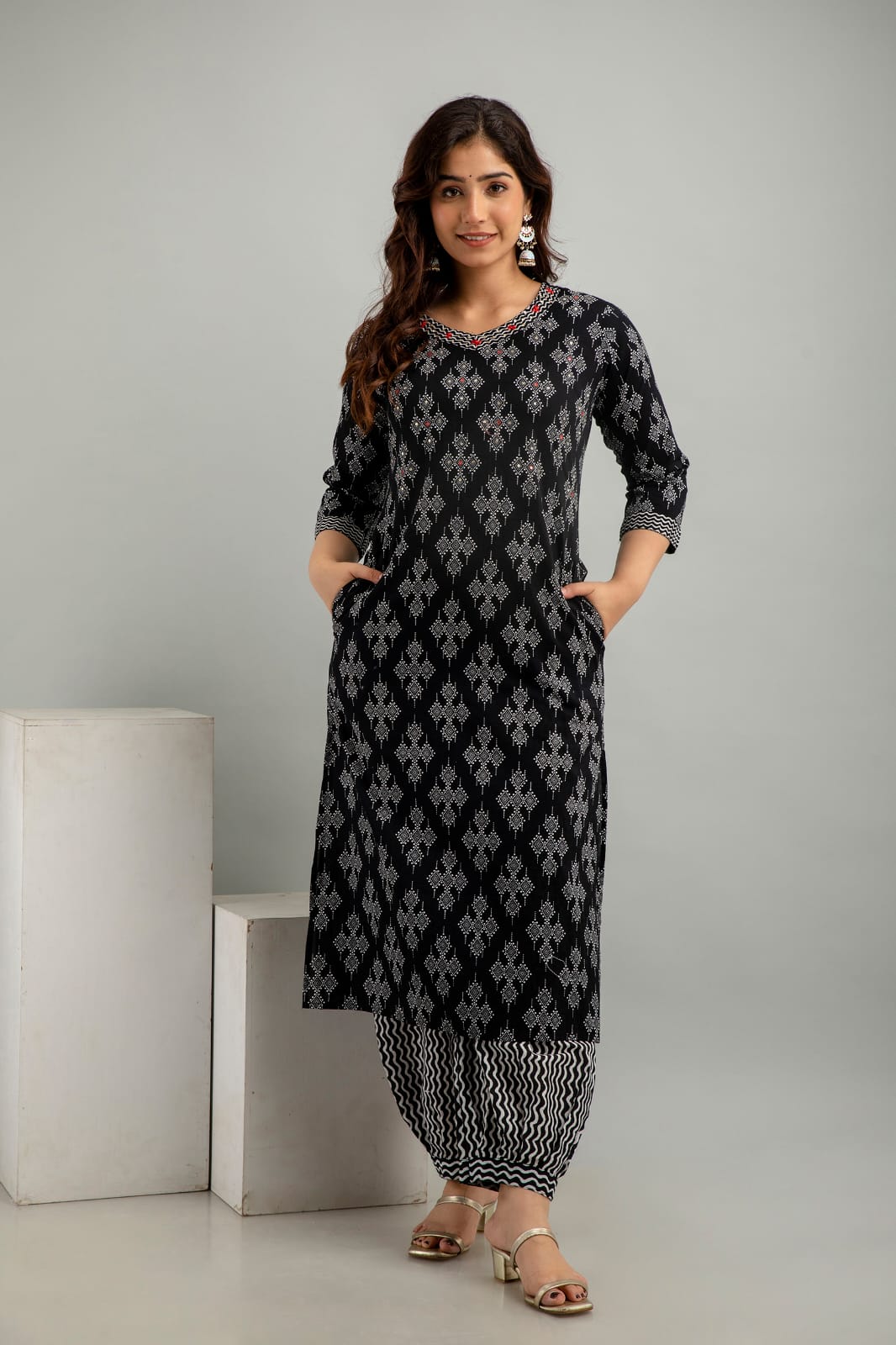 Sanganeri Block Print Cotton Kurta Set with Afghani Pant