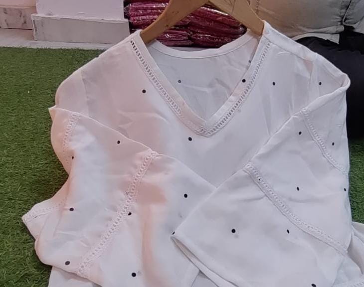 Polka Dot Print Rayon Top with Crosia Cotton Lace