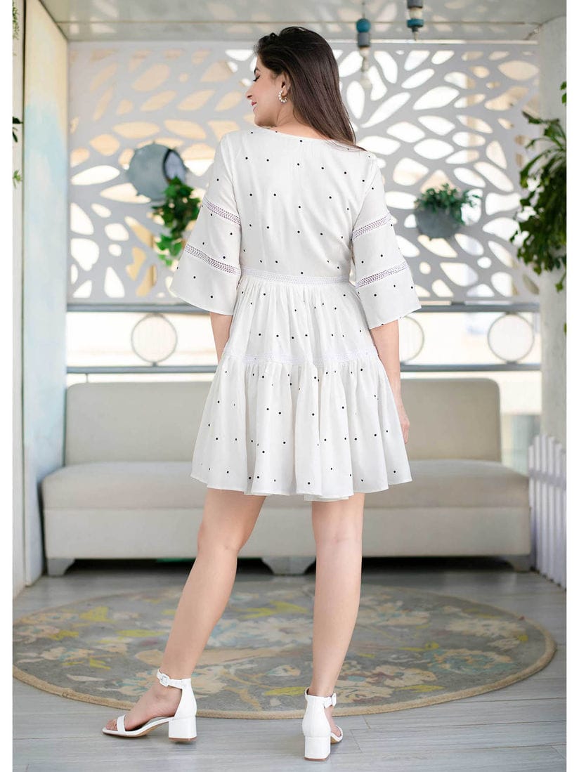 Polka Dot Print Rayon Top with Crosia Cotton Lace