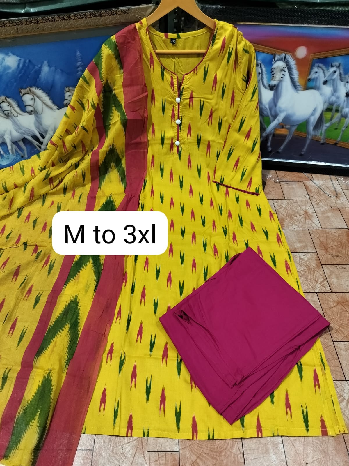 Jaipuri Hand Block Print Kurta, Pant, and Tie-Dye Mul Dupatta Set
