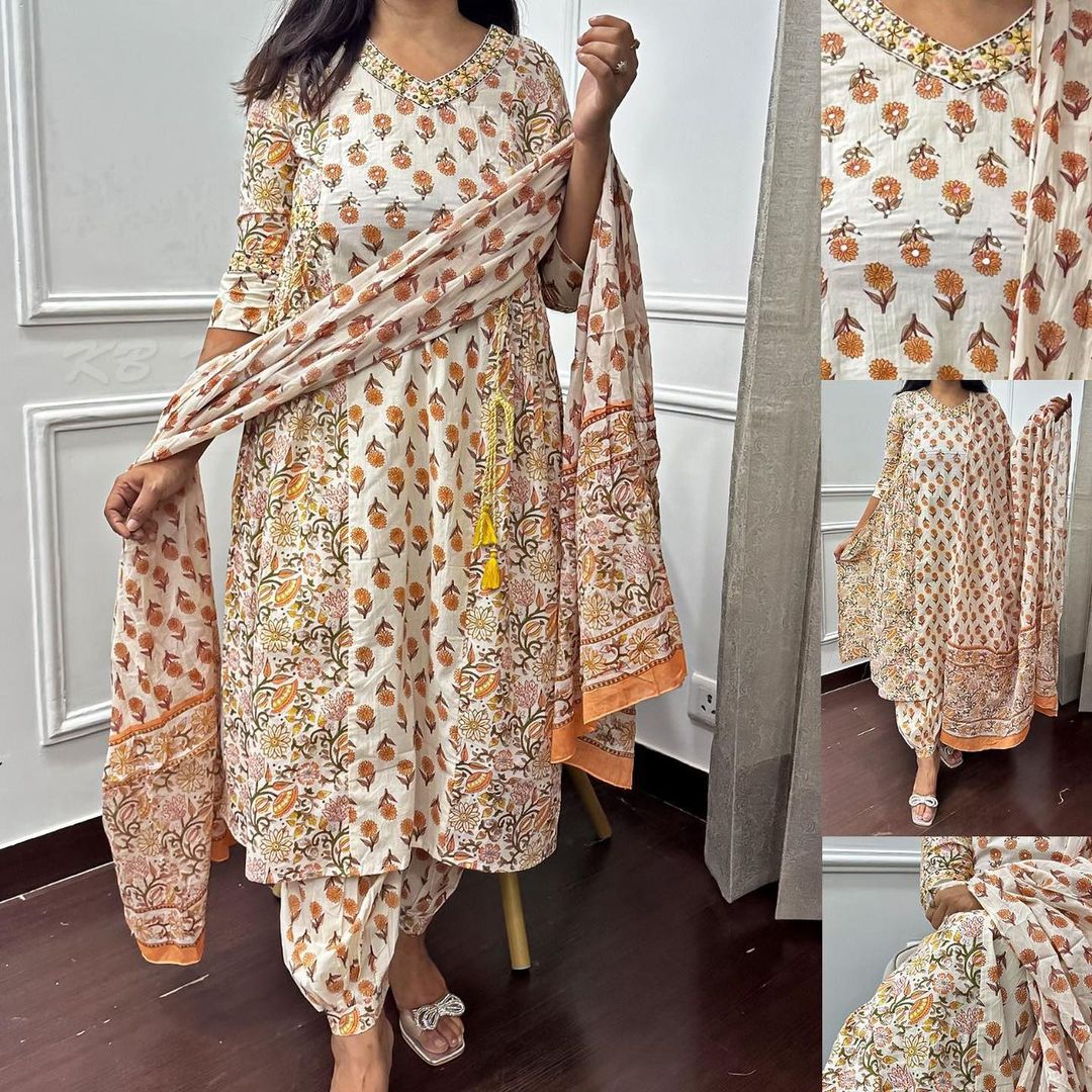 Floral Afghani Suit Set with Embroidery and Tassels
