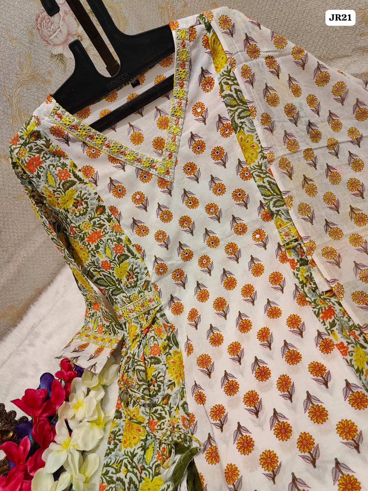 Floral Afghani Suit Set with Embroidery and Tassels