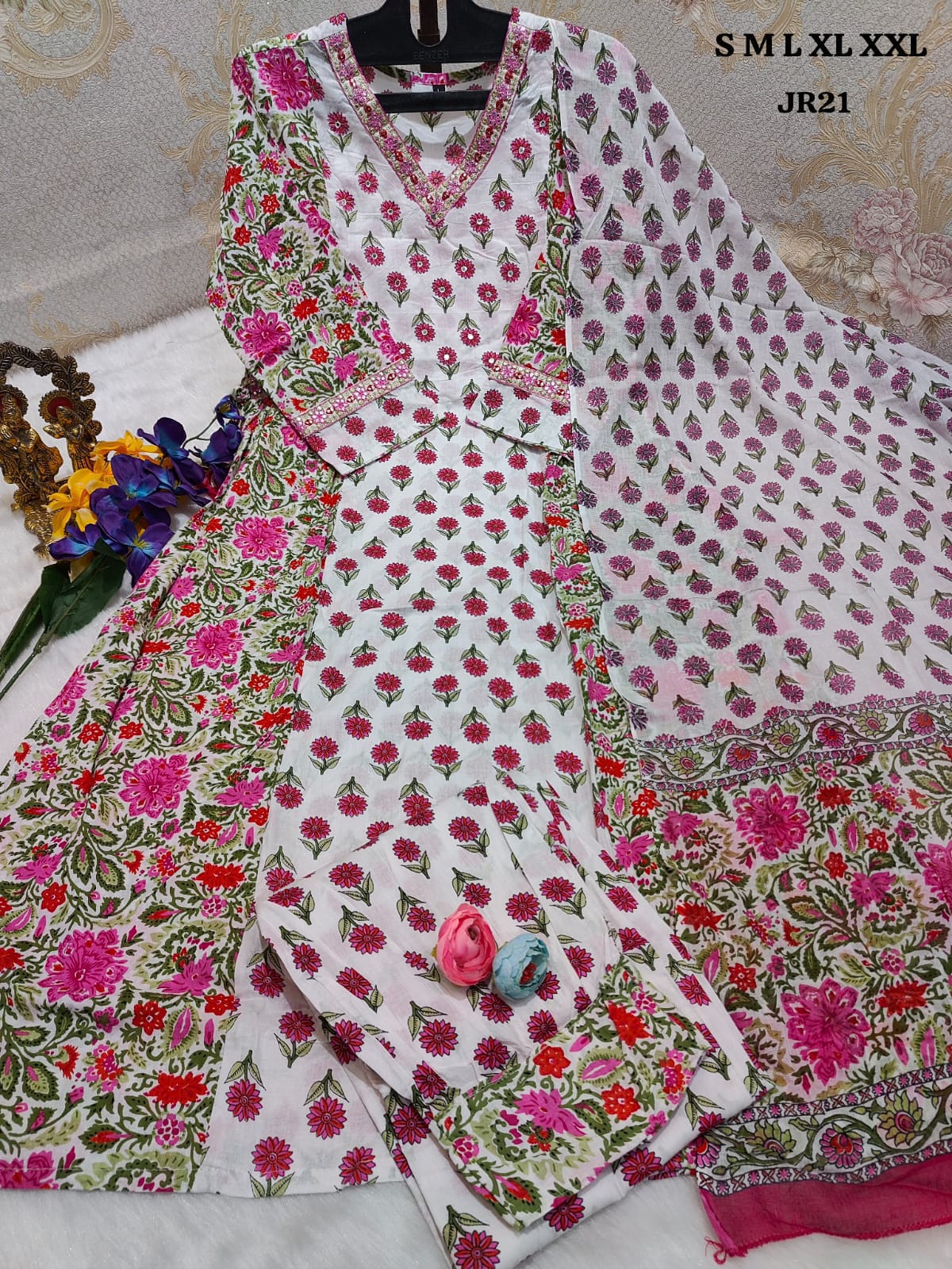 Floral Afghani Suit Set with Embroidery and Tassels