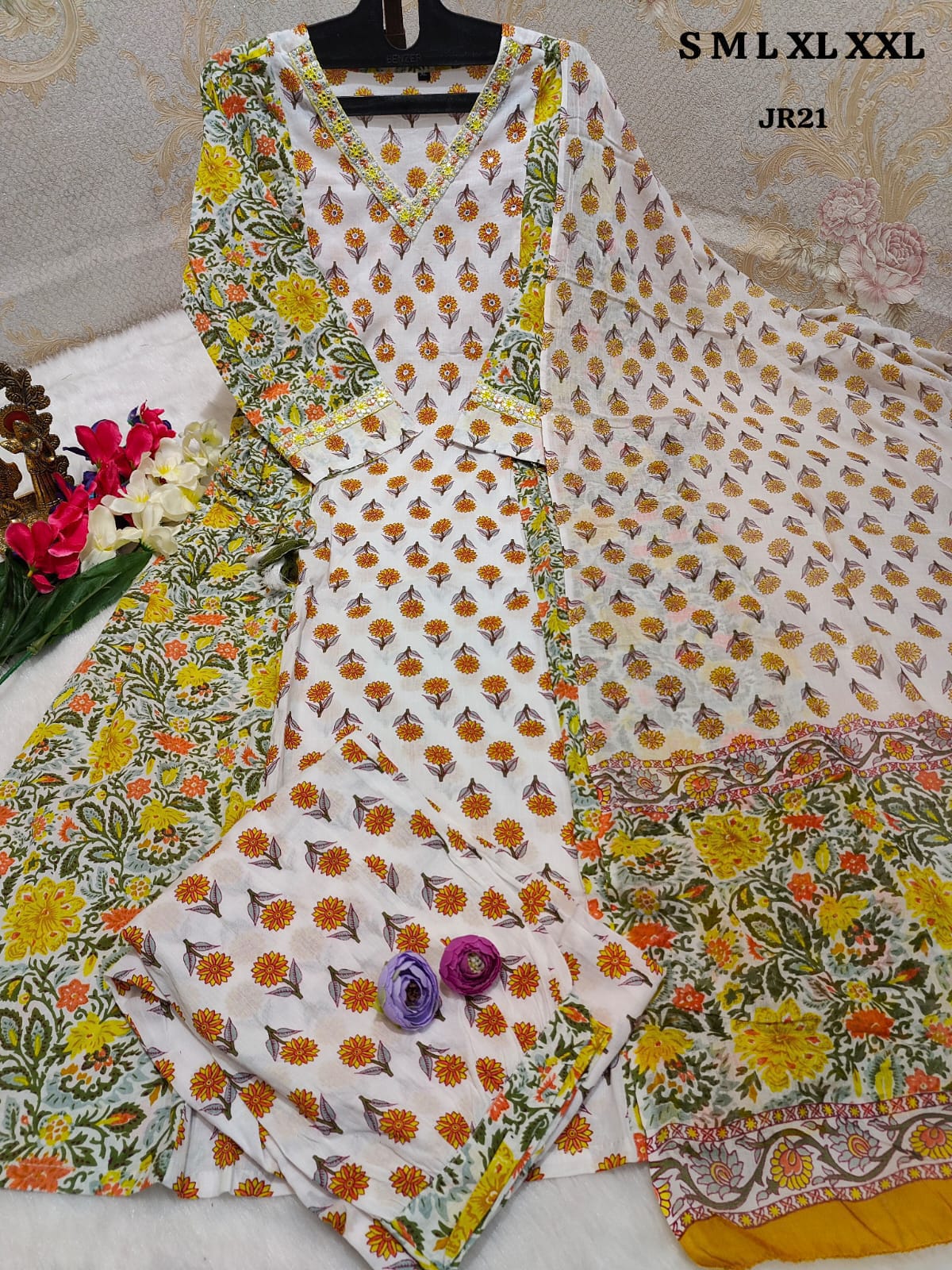 Floral Afghani Suit Set with Embroidery and Tassels