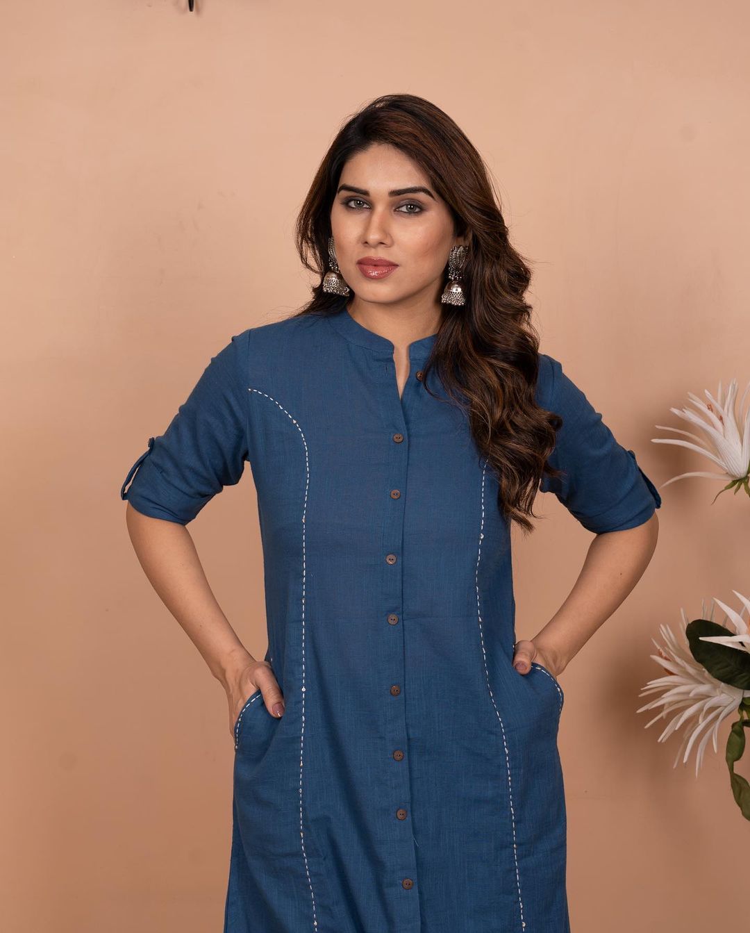 Embroidered Monochrome Cotton Pant-Set with Pockets