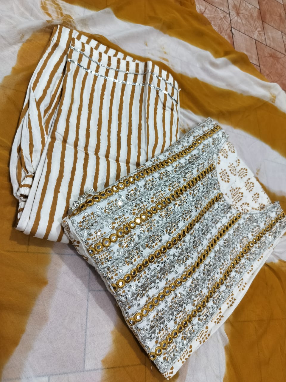 Rayon Printed Kurti with Embroidery, Pant, and Shion Dupatta Set