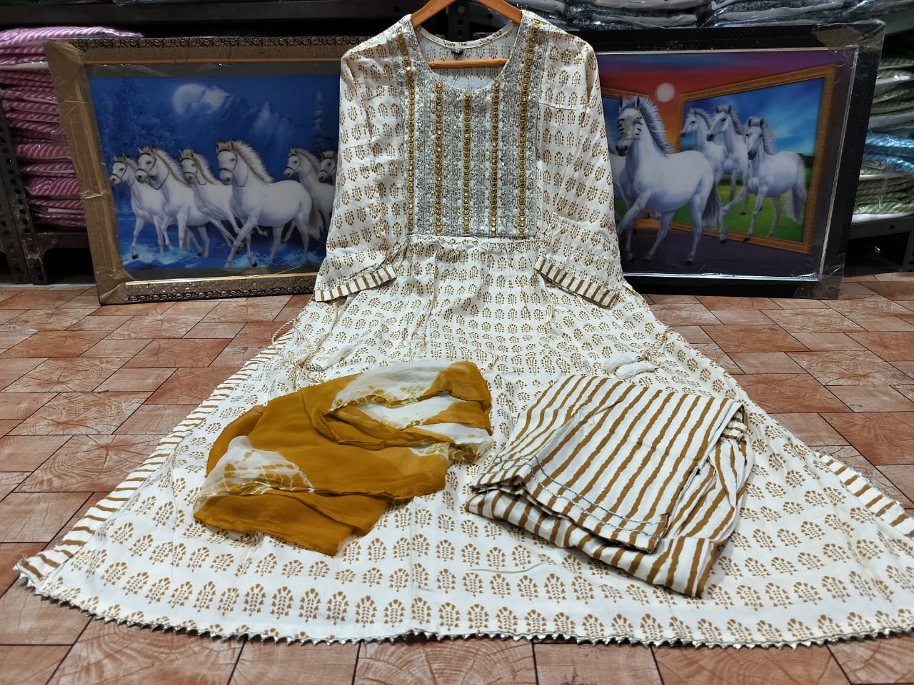 Rayon Printed Kurti with Embroidery, Pant, and Shion Dupatta Set