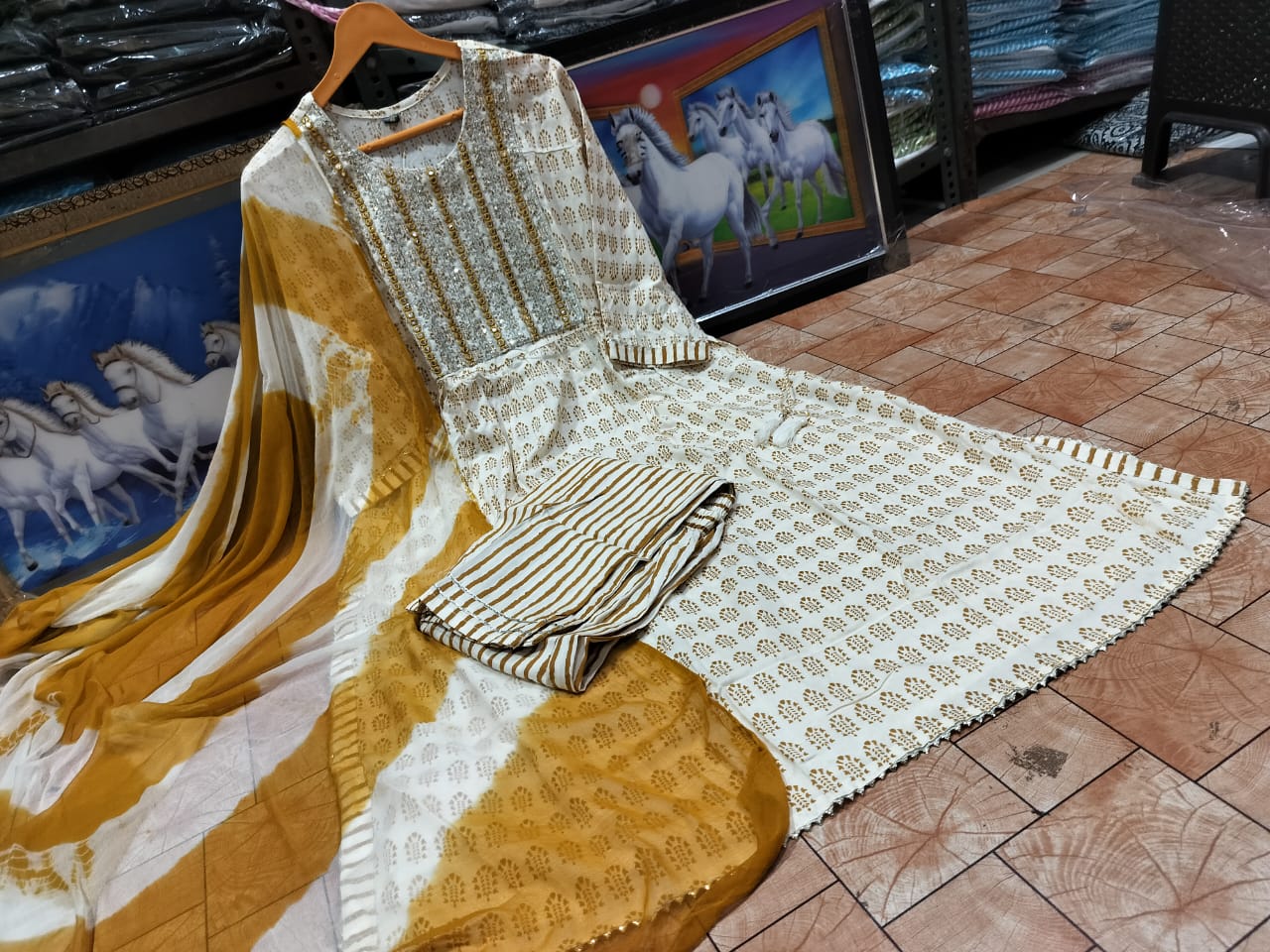 Rayon Printed Kurti with Embroidery, Pant, and Shion Dupatta Set