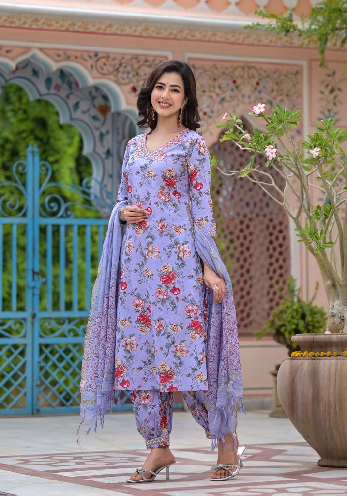 Handcrafted Floral Afghani Suit Set in Cotton