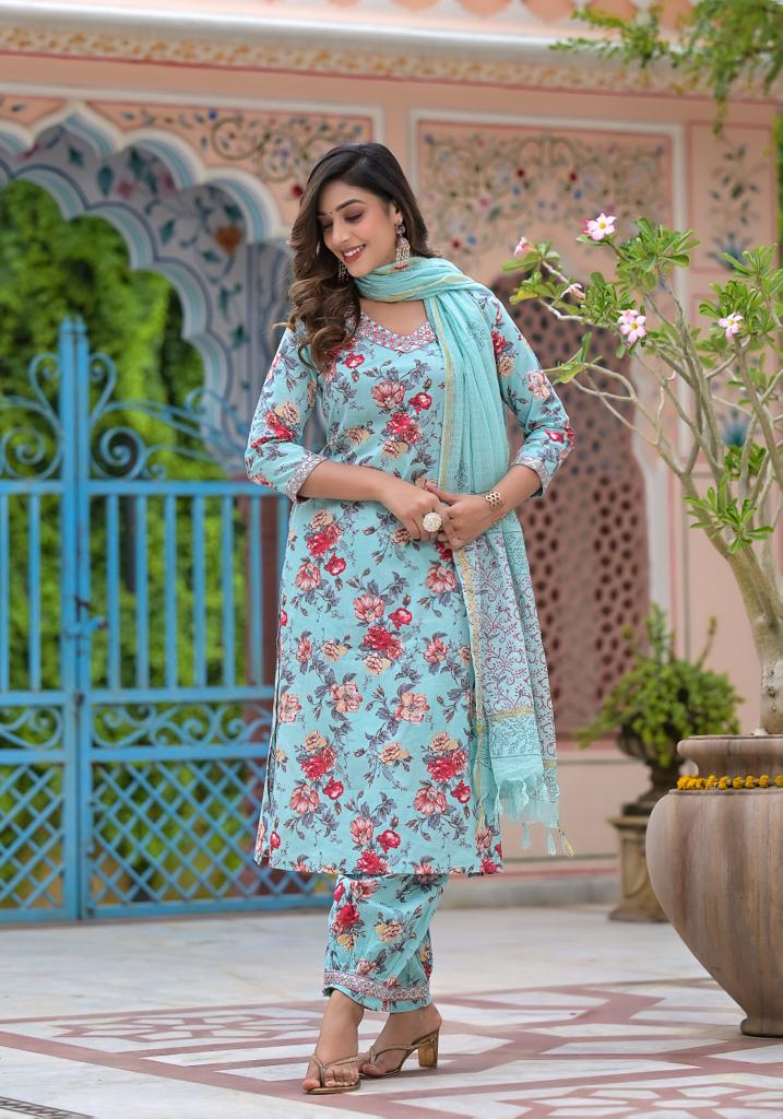 Handcrafted Floral Afghani Suit Set in Cotton 60/60