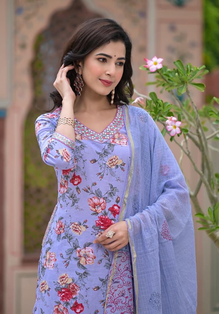 Handcrafted Floral Afghani Suit Set in Cotton