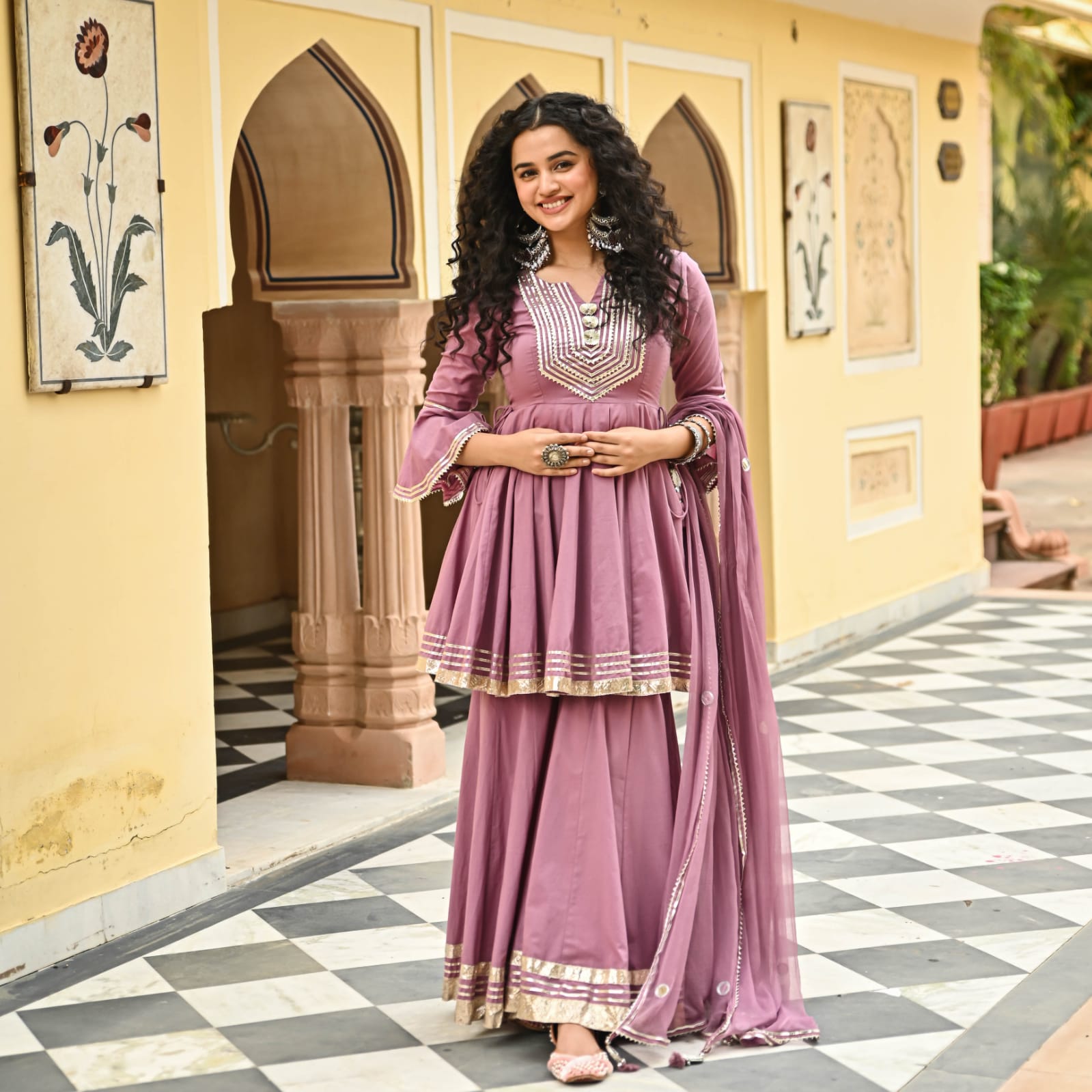 Rayon Kurti with Gota Embellishments, paired with Sharara and Nazmeen Dupatta
