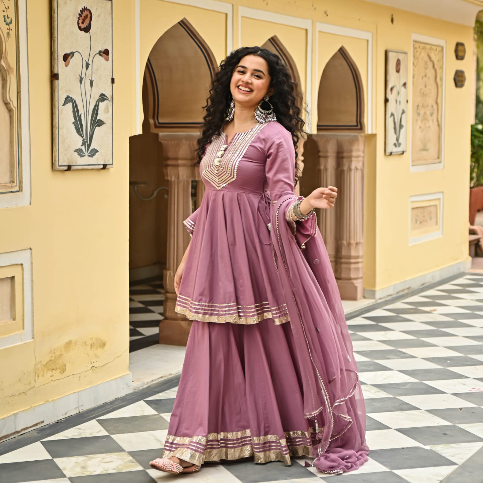 Rayon Kurti with Gota Embellishments, paired with Sharara and Nazmeen Dupatta