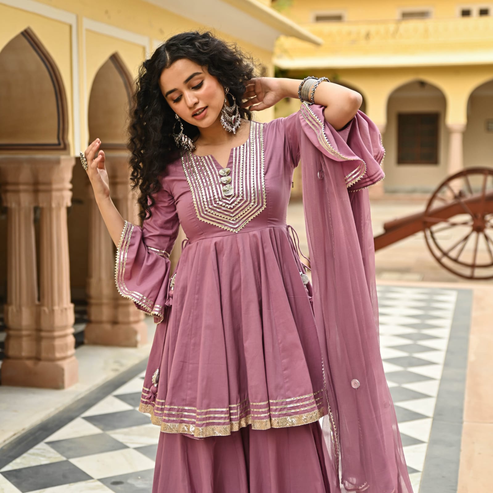 Rayon Kurti with Gota Embellishments, paired with Sharara and Nazmeen Dupatta