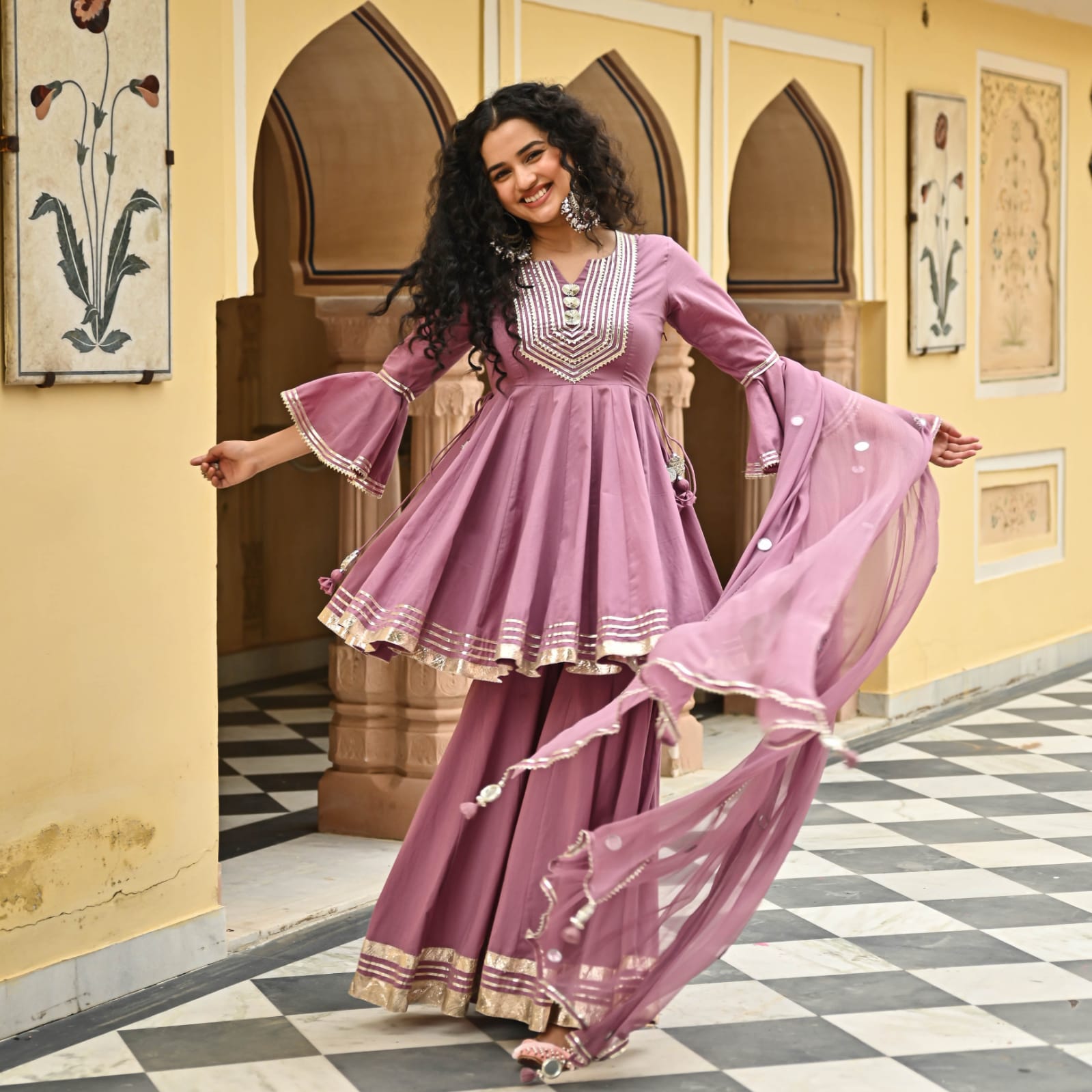 Rayon Kurti with Gota Embellishments, paired with Sharara and Nazmeen Dupatta