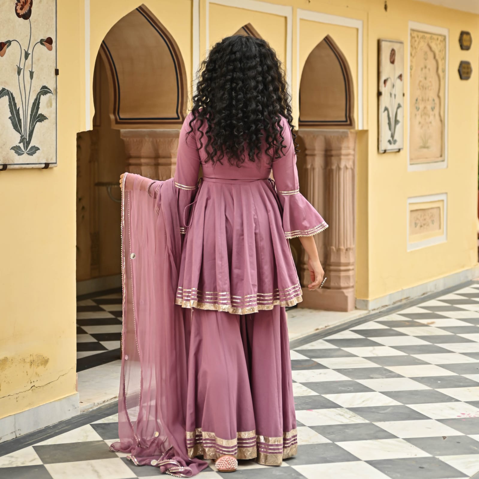Rayon Kurti with Gota Embellishments, paired with Sharara and Nazmeen Dupatta