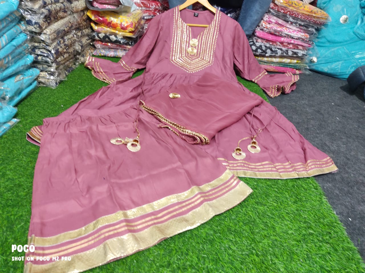 Rayon Kurti with Gota Embellishments, paired with Sharara and Nazmeen Dupatta