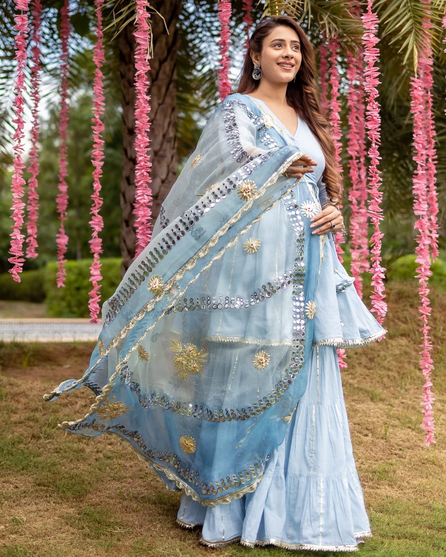 Kassia Gotapatti Sharara Set: Angrakha Kurta, Tiered Sharara, and Nazmeen Gotawork Dupatta