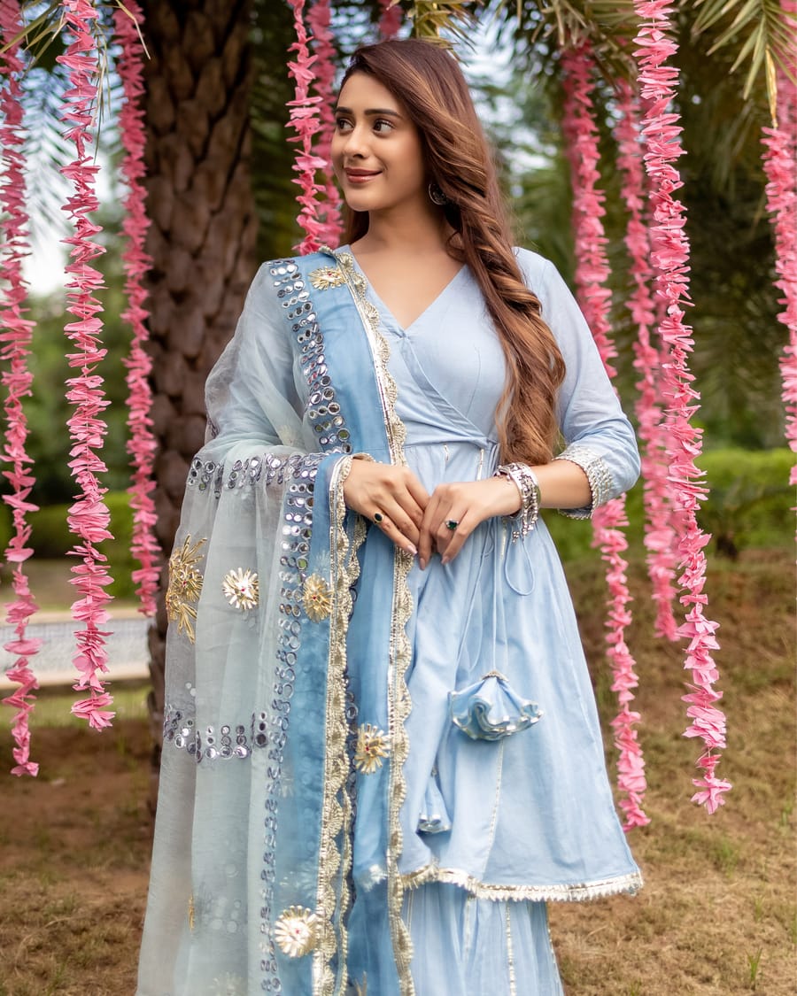 Kassia Gotapatti Sharara Set: Angrakha Kurta, Tiered Sharara, and Nazmeen Gotawork Dupatta