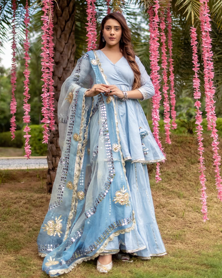 Kassia Gotapatti Sharara Set: Angrakha Kurta, Tiered Sharara, and Nazmeen Gotawork Dupatta