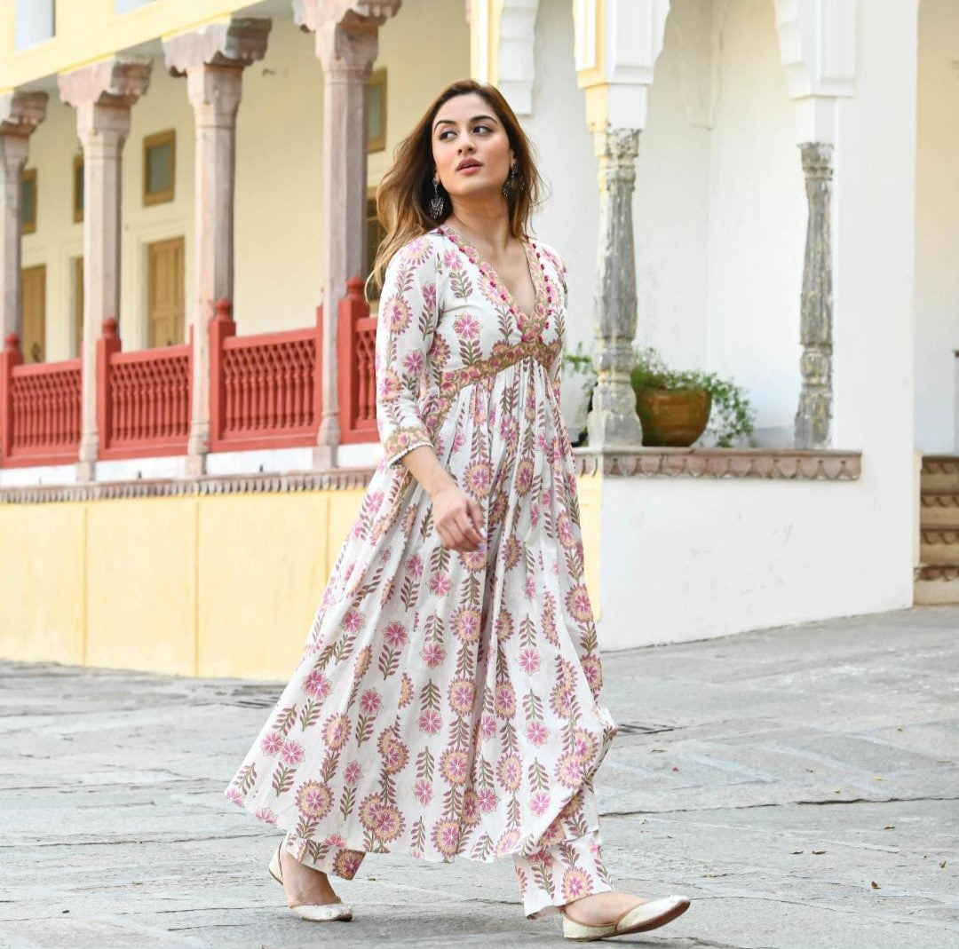 Hand Block Printed Cotton Kurta Set with Handwork