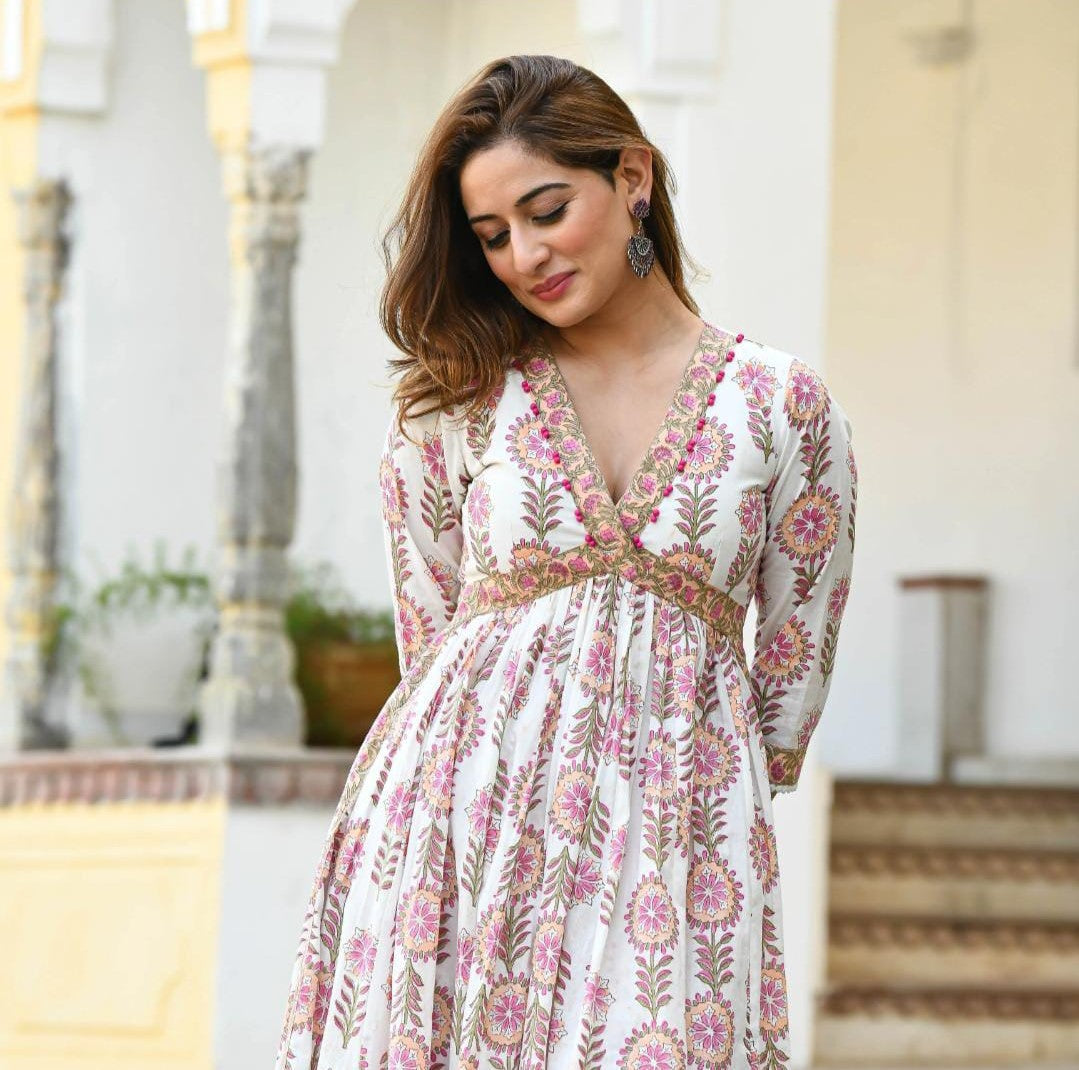 Hand Block Printed Cotton Kurta Set with Handwork