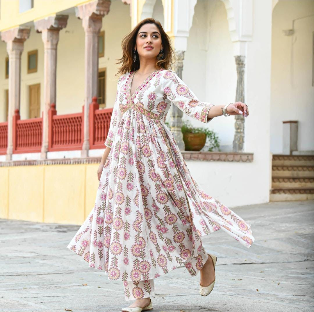Hand Block Printed Cotton Kurta Set with Handwork
