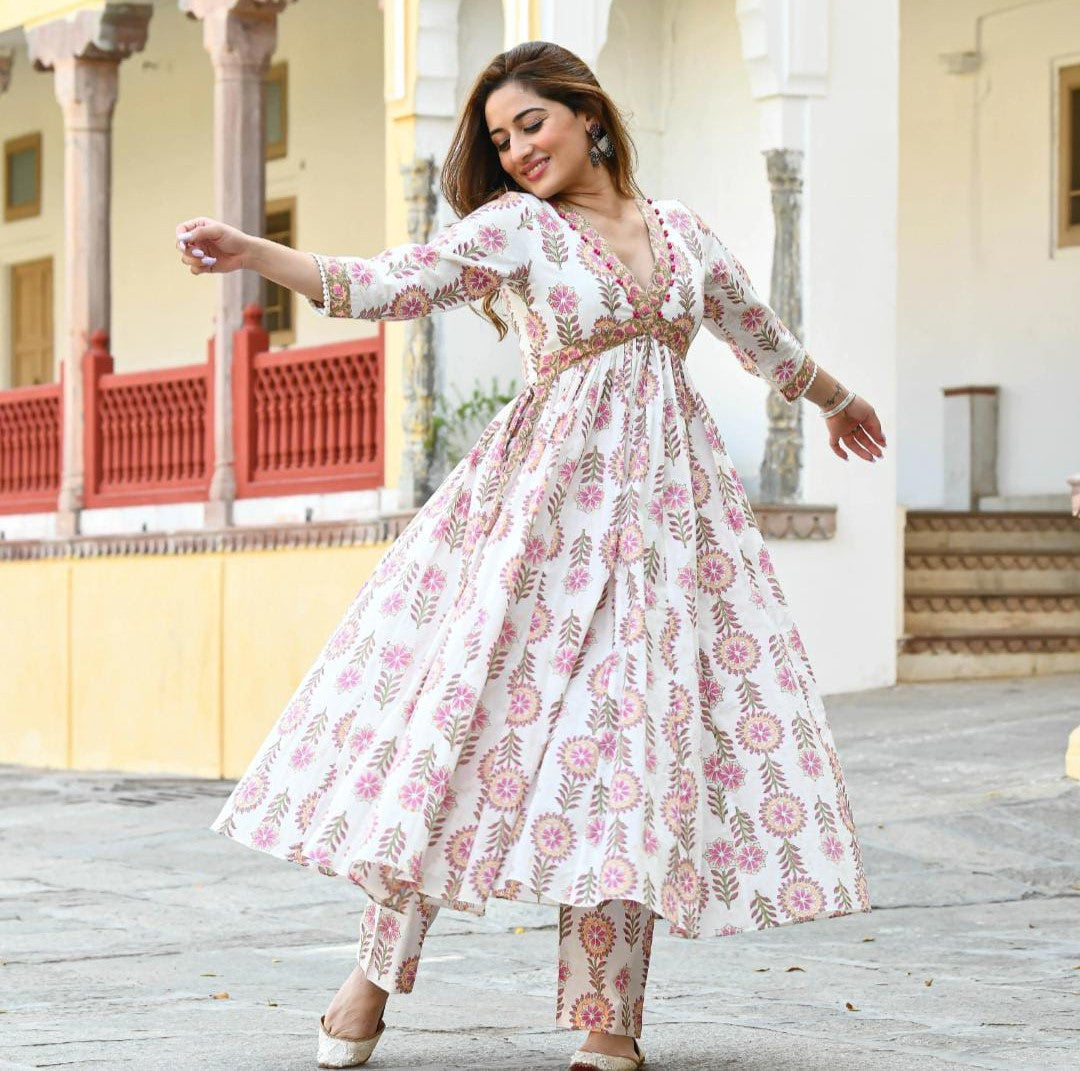 Hand Block Printed Cotton Kurta Set with Handwork