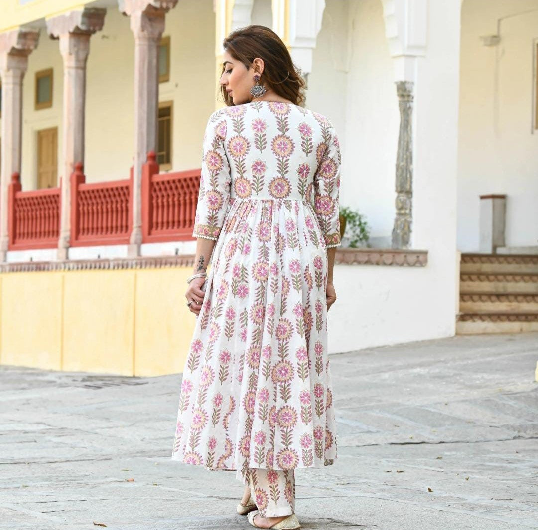 Hand Block Printed Cotton Kurta Set with Handwork
