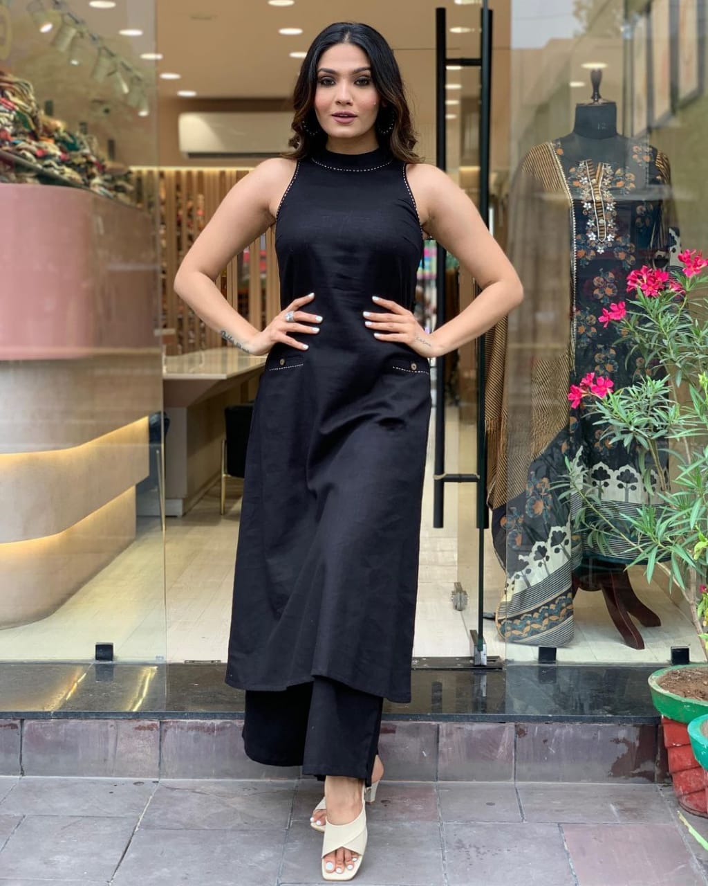 Sleeveless Cotton Work Kurti with Palazzo Set