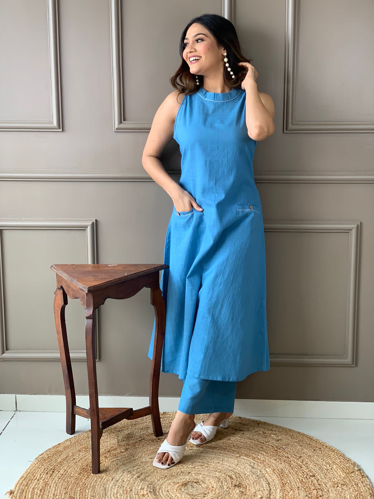 Sleeveless Cotton Work Kurti with Palazzo Set