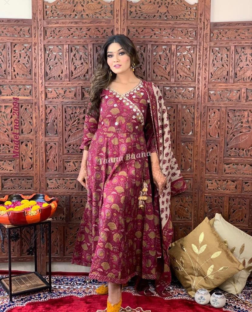 Saffron Wine Anarkali Flared Kurti with Pant & Malmal Dupatta